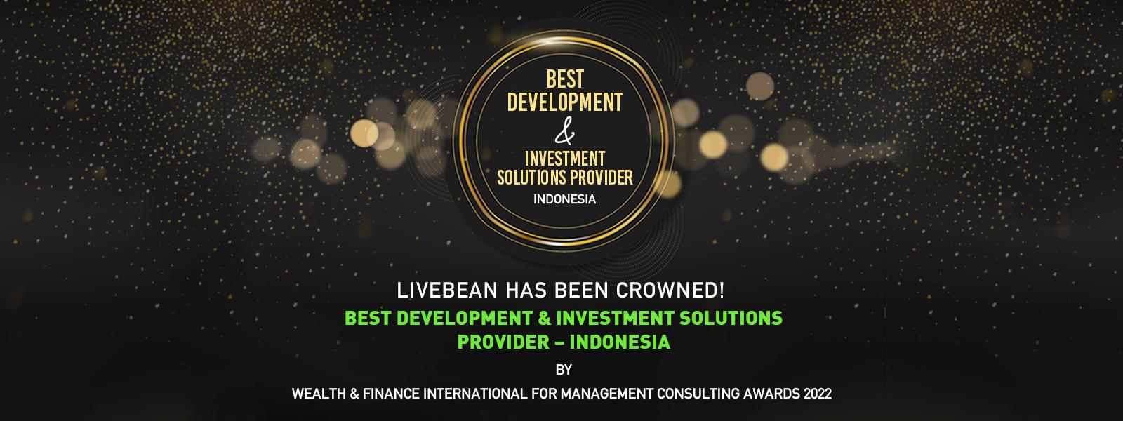 Award banner: Best Development & Investment Solutions Provider, Indonesia, Wealth & Finance International, Management Consulting Awards 2022