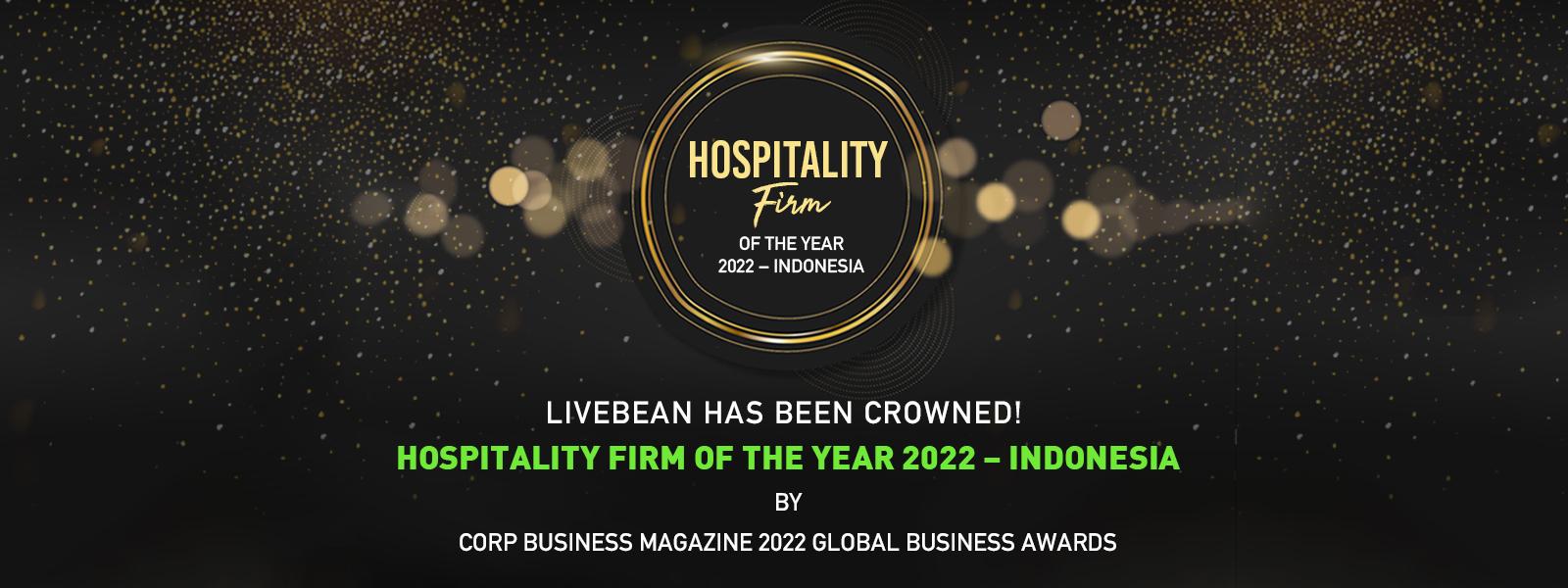 Award banner: Hospitality Firm of the Year, Indonesia, Corp Business Magazine, Global Business Awards 2022